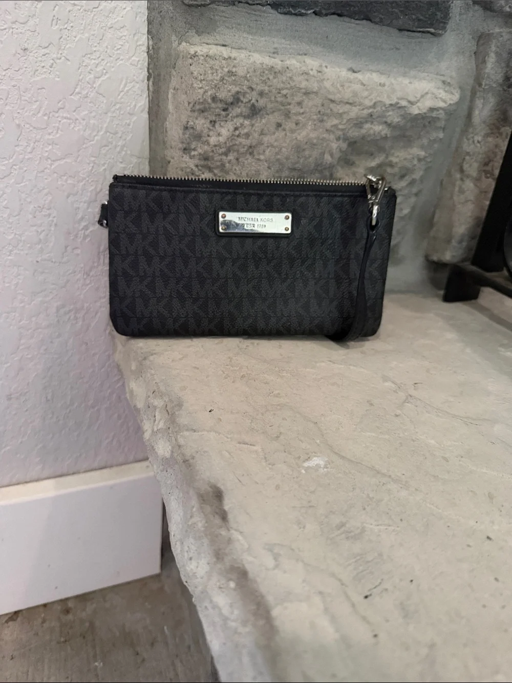 Michael Kors Black MK Signature Zip Wristlet with Silver Plate